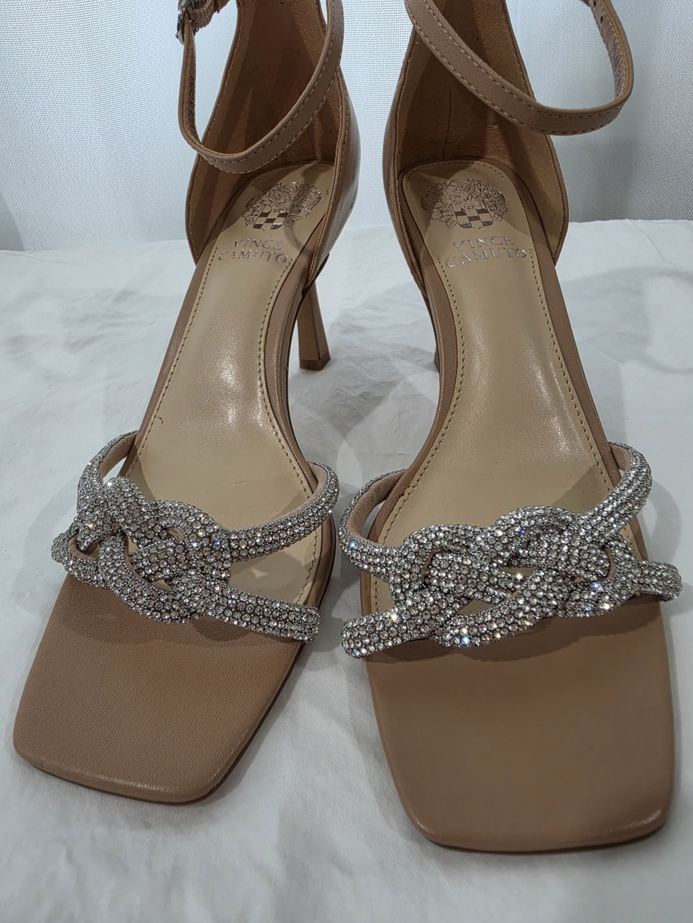Vince Camuto Nude 7.5 Crystal-Embellished Ankle Strap Sandals - Picture 2 of 6